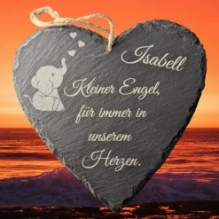 Schieferplatte Herz, Grabschmuck personalisiert, Gedenktafel, Bärchen mit Herz 10cm-25cm