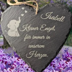 Schieferplatte Herz, Grabschmuck personalisiert, Gedenktafel, Bärchen mit Herz 10cm-25cm