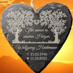 Schieferplatte Herz, Grabschmuck personalisiert, Gedenktafel, Baum, 10cm - 25cm