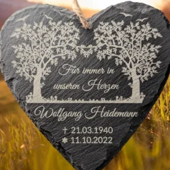 Schieferplatte Herz, Grabschmuck personalisiert, Gedenktafel, Baum, 10cm - 25cm