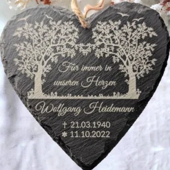 Schieferplatte Herz, Grabschmuck personalisiert, Gedenktafel, Baum, 10cm - 25cm