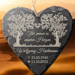Schieferplatte Herz, Grabschmuck personalisiert, Gedenktafel, Baum, 10cm - 25cm