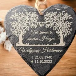 Schieferplatte Herz, Grabschmuck personalisiert, Gedenktafel, Baum, 10cm - 25cm