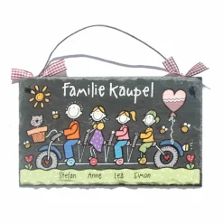 Schiefertürschild für Familien mit Name personalisiert, einzigartiges Willkommensschild für Haustür und Eingang, persönliches Familiengeschenk für das Zuhause, Haustürschild mit Figuren auf Fahrrad