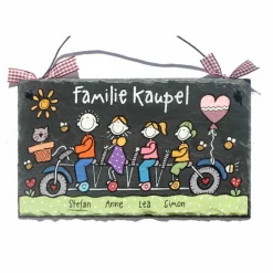 Schiefertürschild für Familien mit Name personalisiert, einzigartiges Willkommensschild für Haustür und Eingang, persönliches Familiengeschenk für das Zuhause, Haustürschild mit Figuren auf Fahrrad