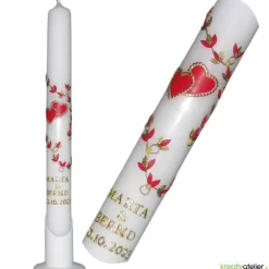 Schlanke Hochzeitskerze mit goldumrahmten roten Herzen und Blattranke, personalisierbar, ideale Hochzeitsdeko