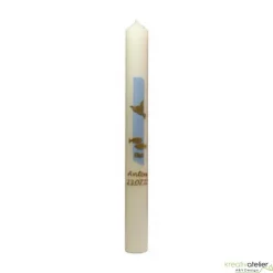 schlanke weiße Taufkerze für Jungen mit Taube, Fischen und Wellen in gold, personalisierbar mit Namen und Datum