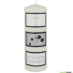 Schlichte Trauerkerze in elfenbein "In liebem Gedenken" mit Kacheln, silber, Trauerkerze personalisierbar