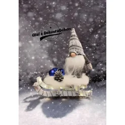 Schlitten Wichtel Advent Weihnachten Winter Holz Blau / Grau