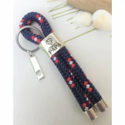 Schlüsselanhänger aus Segelseil/Segeltau, Zwischenstück "Super Papa", dunkelblau/rot/weiß, versilberter Herzanhänger