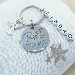 Schlüsselanhänger mit Name und  Engel - Pass auf Dich auf -
