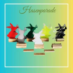 Schmetterlingshasen aus Acryl mit Lasergravur und Holzklötzchen, Osterhasen im Kranz oder Metallring als Türdekoration