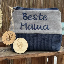 Schminktasche Beste Mama – Handgenähte Kosmetiktasche als Geschenk, weich gefüttert, bestickt