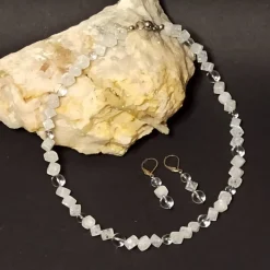 Schmuckset Kette mit Ohrringen Bergkristall-Würfel gecrasht