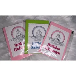 Schöne gestickte Karten Glückwunschkarten zur Taufe, Kommunion, Firmung Schiff 3er Set