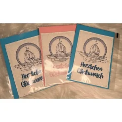Schöne gestickte Karten Glückwunschkarten zur Taufe, Kommunion, Firmung Schiff 3er Set