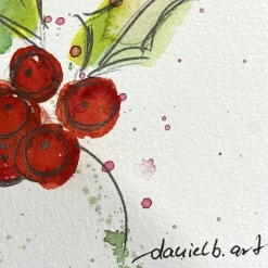 Schöne Weihnachtskarte mit Stechpalme - handgemalte Karte (A6) mit hochwertigen Aquarellfarben
