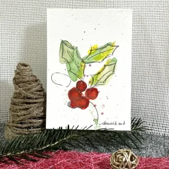 Schöne Weihnachtskarte mit Stechpalme - handgemalte Karte (A6) mit hochwertigen Aquarellfarben