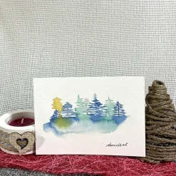 Schöne Weihnachtskarte mit Baumlandschaft - handgemalte Karte (A6) mit hochwertigen Aquarellfarben