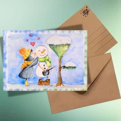 Schneemannliebe & Pinguin Postkarte – Aquarell Kunst für Valentinstag, Winter & Jahrestag
