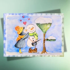 Schneemannliebe & Pinguin Postkarte – Aquarell Kunst für Valentinstag, Winter & Jahrestag