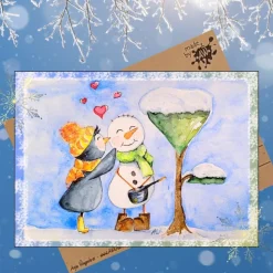 Schneemannliebe & Pinguin Postkarte – Aquarell Kunst für Valentinstag, Winter & Jahrestag