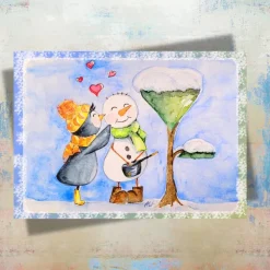 Schneemannliebe & Pinguin Postkarte – Aquarell Kunst für Valentinstag, Winter & Jahrestag