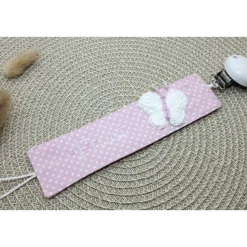 Schnullerband personalisiert rosa – mit Name & gehäkeltem Schmetterling – Babygeschenk – Schnullerkette Baumwolle