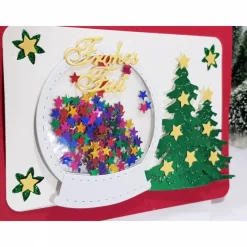 Schüttelkarte Schnee-Kugel Weihnachts-Karte bunte Sterne rot