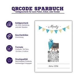 Schulanfang Geldgeschenk | Digitales Sparbuch | QrCode Postkarte DIN A6 inkl. Briefumschlag und Anhänger | Schultüte