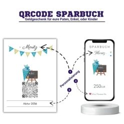 Schulanfang Geldgeschenk | Digitales Sparbuch | QrCode Postkarte DIN A6 inkl. Briefumschlag und Anhänger | Schultüte