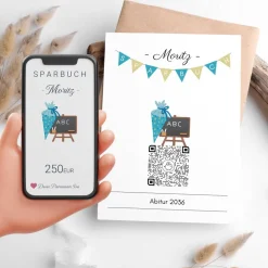 Schulanfang Geldgeschenk | Digitales Sparbuch | QrCode Postkarte DIN A6 inkl. Briefumschlag und Anhänger | Schultüte