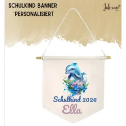 Schulkind Deko Leinwandbanner personalisiert - Aqua DELFIN 4