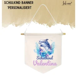 Schulkind Deko Leinwandbanner personalisiert - Aqua Delfin 1