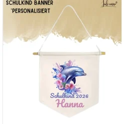 Schulkind Deko Leinwandbanner personalisiert - Aqua Delfin 2