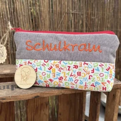 Schulkram Schlampermäppchen – orange ABC Stiftemappe mit Stickerei, individuelles Federmäppchen