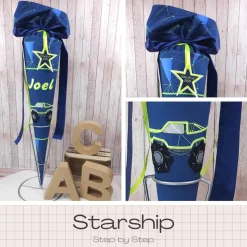 Schultüte 70 cm bestickt passend zum Ranzen Starship von Step by Step – Handgemachte Zuckertüte Einschulung mit Anhänger
