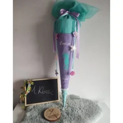 Schultüte aus Baumwolle mit Seepferdchen 70cm flieder/türkis