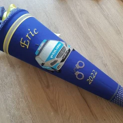 Schultüte aus Stoff bestickt mit Polizeiwagen, Namen und Datum 70cm Rohling