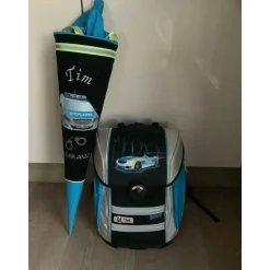 Schultüte aus Stoff bestickt mit Polizeiwagen, Namen und Datum 70cm Rohling