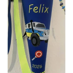 Schultüte aus Stoff bestickt mit Polizeitruck, Namen und Datum 70cm Rohling