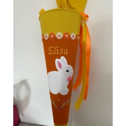 Schultüte aus Stoff bestickt Kuschelhase, Namen und Datum 70cm Rohling