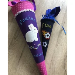 Schultüte aus Stoff bestickt Kuschelhase, Namen und Datum 70cm Rohling