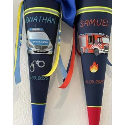 Schultüte aus Stoff bestickt mit Feuerwehrmotiv, mit Namen und Datum 70cm Rohling