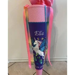 Schultüte aus Stoff bestickt Schmetterlingseinhorn, Namen und Datum 70cm Rohling