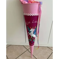 Schultüte aus Stoff bestickt Schmetterlingseinhorn, Namen und Datum 70cm Rohling