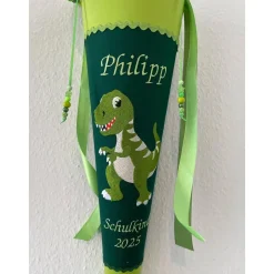 Schultüte aus Stoff bestickt mit einem T-Rex , Namen und Datum 70cm Rohling