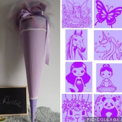 Schultüte aus Stoff mit Motiv nach Wahl: Fee / Einhorn / Pferd / Meerjungfrau und mehr 70cm flieder