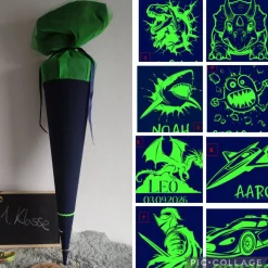 Schultüte aus Stoff mit Motiv nach Wahl: Hai / Dino / Drache / Monster und vieles mehr 70cm dunkelblau/neongrün