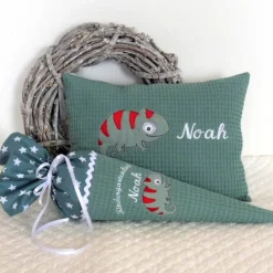 Schultüte Chamäleon Geschwistertüte personalisierbar Kindergartentüte Chameleon in grün Kitatüte bestickt